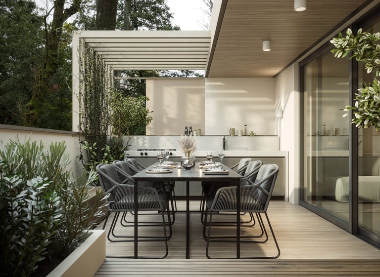 Modern home terrace with outdoor furniture and built-in barbeque