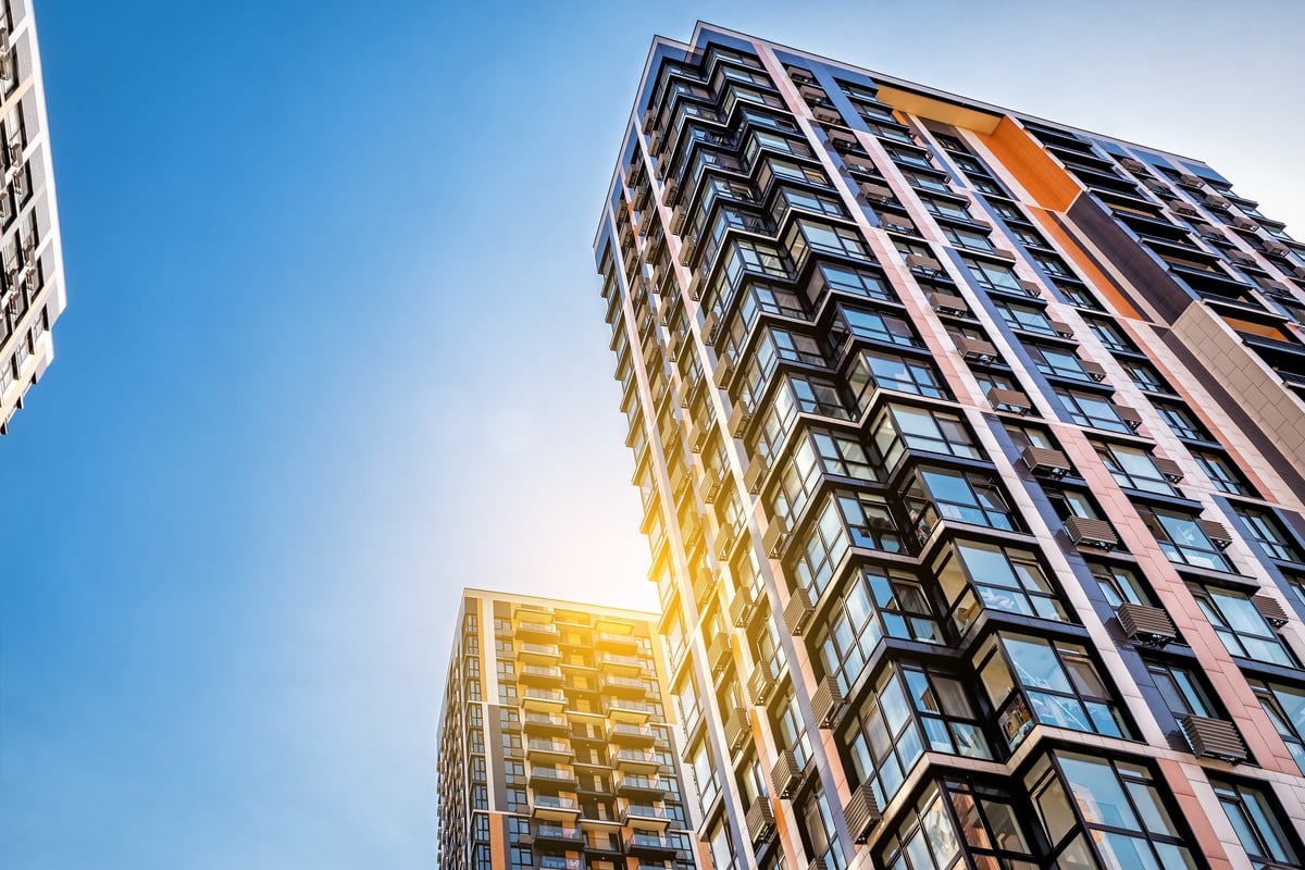 Modern buildings in a US financial district at sunset
