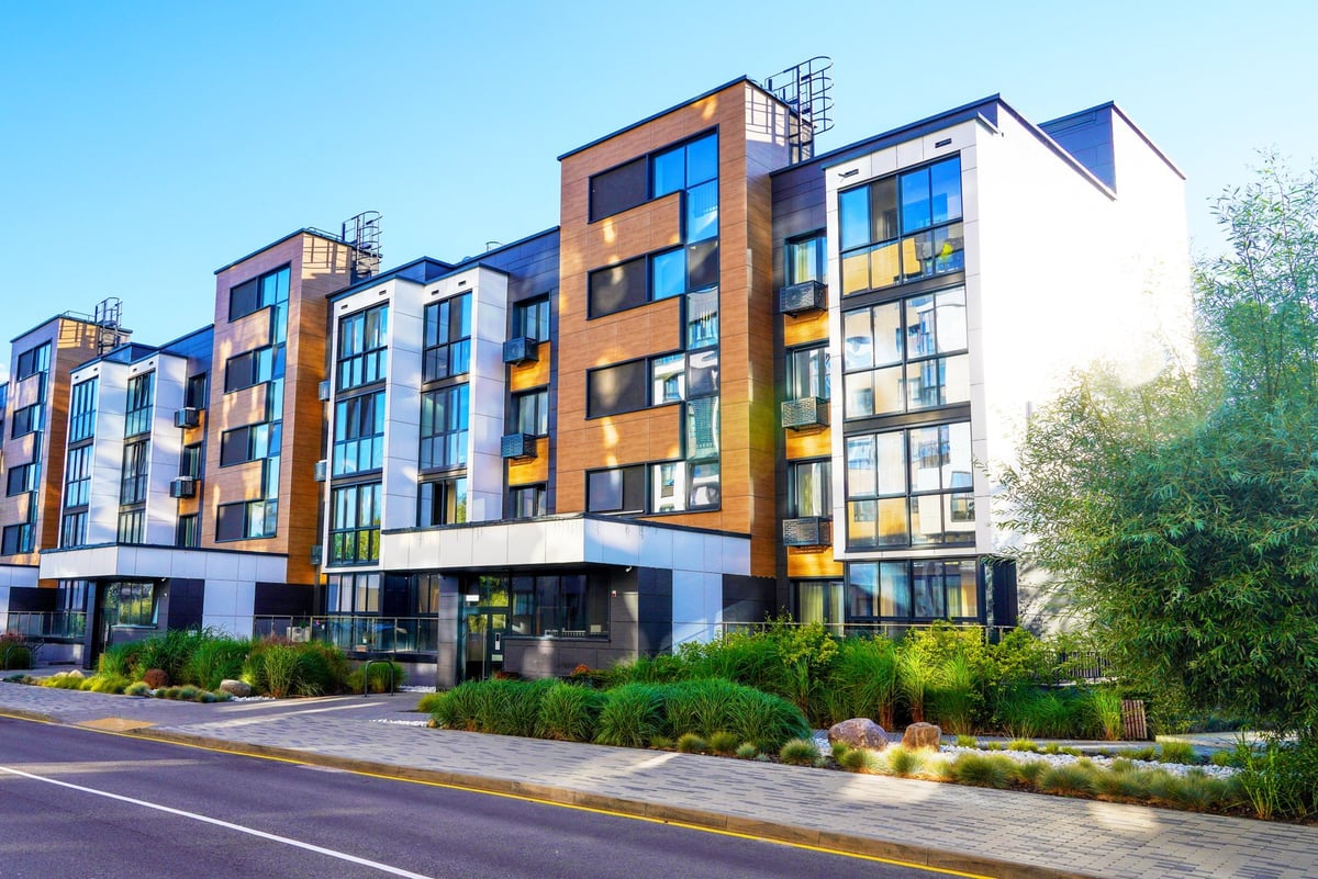 Modern residential building in contemporary architecture, modern apartment facade and entrance