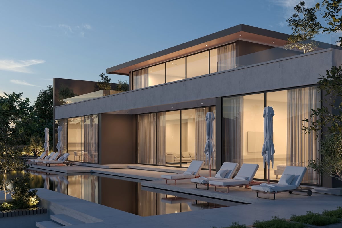 Modern luxury home exterior with pool in California
