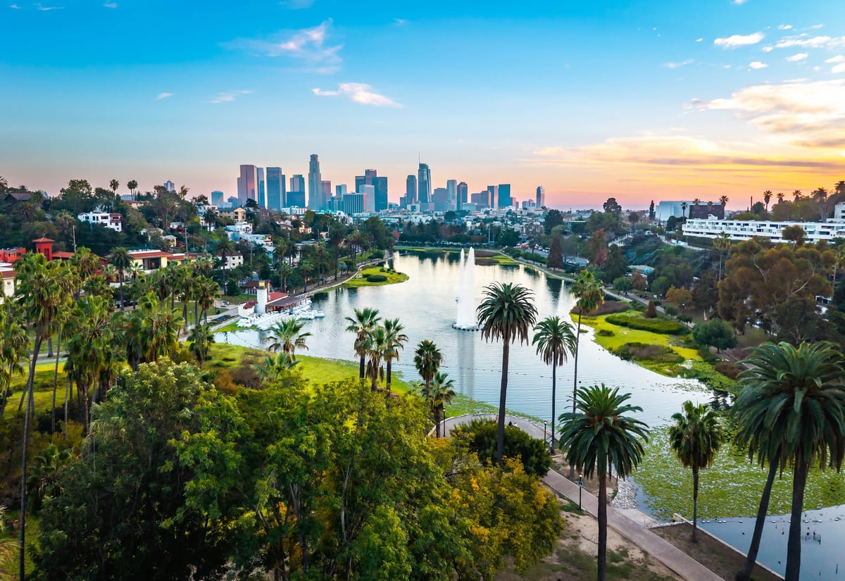 Los Angeles skyline at sunset with palm trees