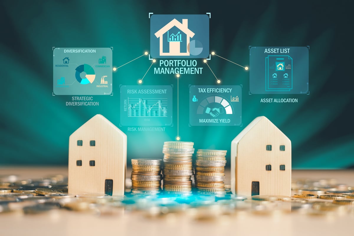 Real estate portfolio management concept with wooden house models and stacked coins, HUD panels showing diversification, asset allocation, risk assessment and tax efficiency to maximize yield.
