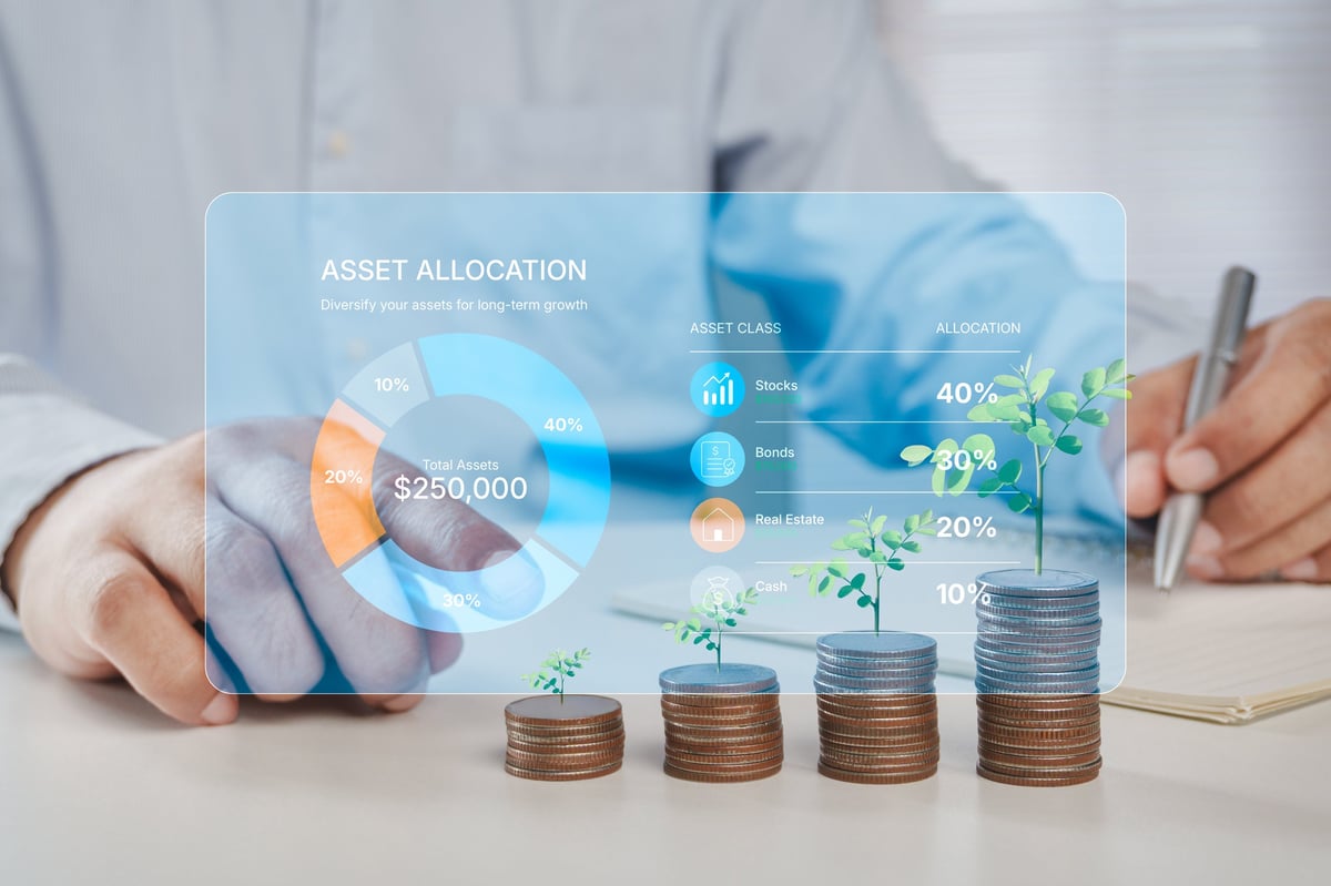 Asset Allocation Strategy Dashboard Showing Diversified Investment Portfolio with Stocks, Bonds, Real Estate and Cash Allocation for Long Term Wealth Growth and Financial Planning