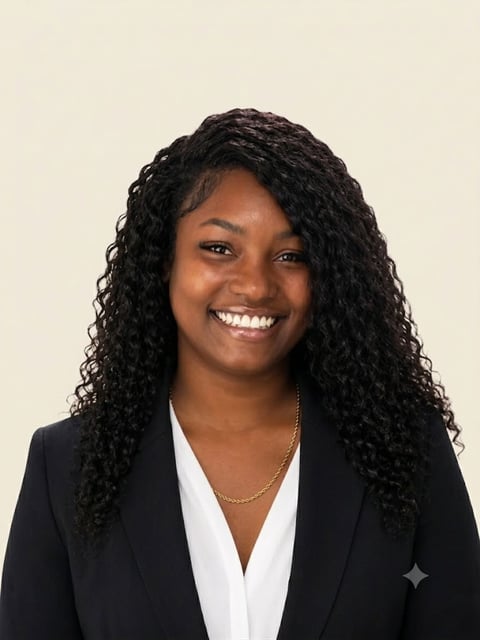 Professional headshot of a smiling woman with long curly black hair wearing a black blazer and white blouse against a beige background