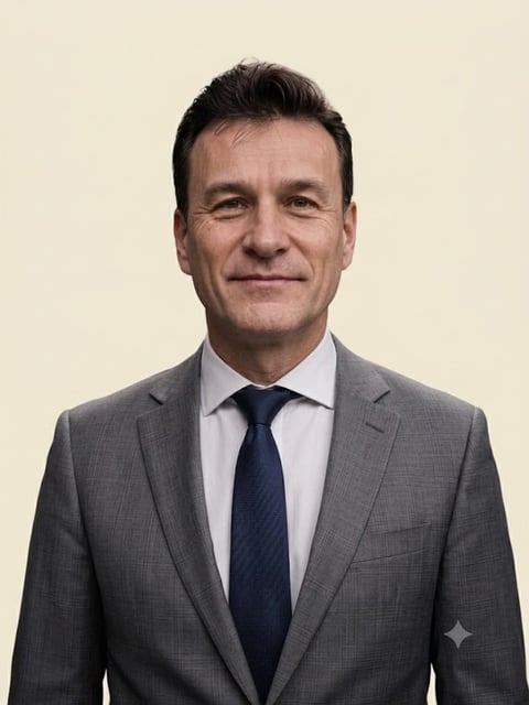 Professional headshot of a middle-aged man wearing a gray suit and dark blue tie against a beige background