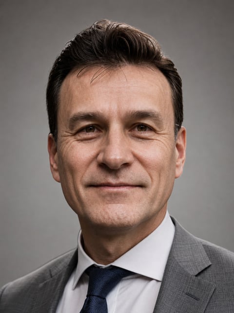 Professional headshot of a middle-aged man with dark hair, wearing a gray blazer, white shirt, and navy tie against a neutral gray background.