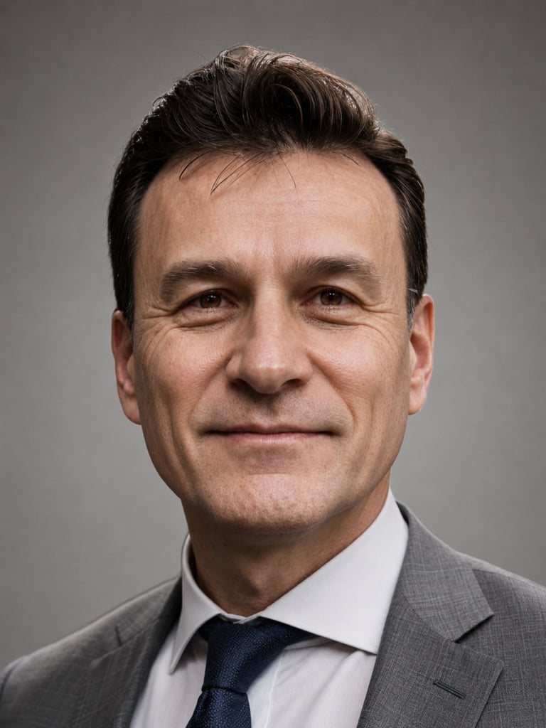 Professional headshot of a middle-aged man with dark hair, wearing a gray blazer, white shirt, and navy tie against a neutral gray background.