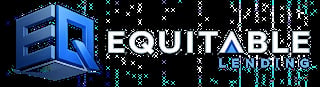 Equitable Lending logo featuring a 3D blue box symbol with white text on a digital background