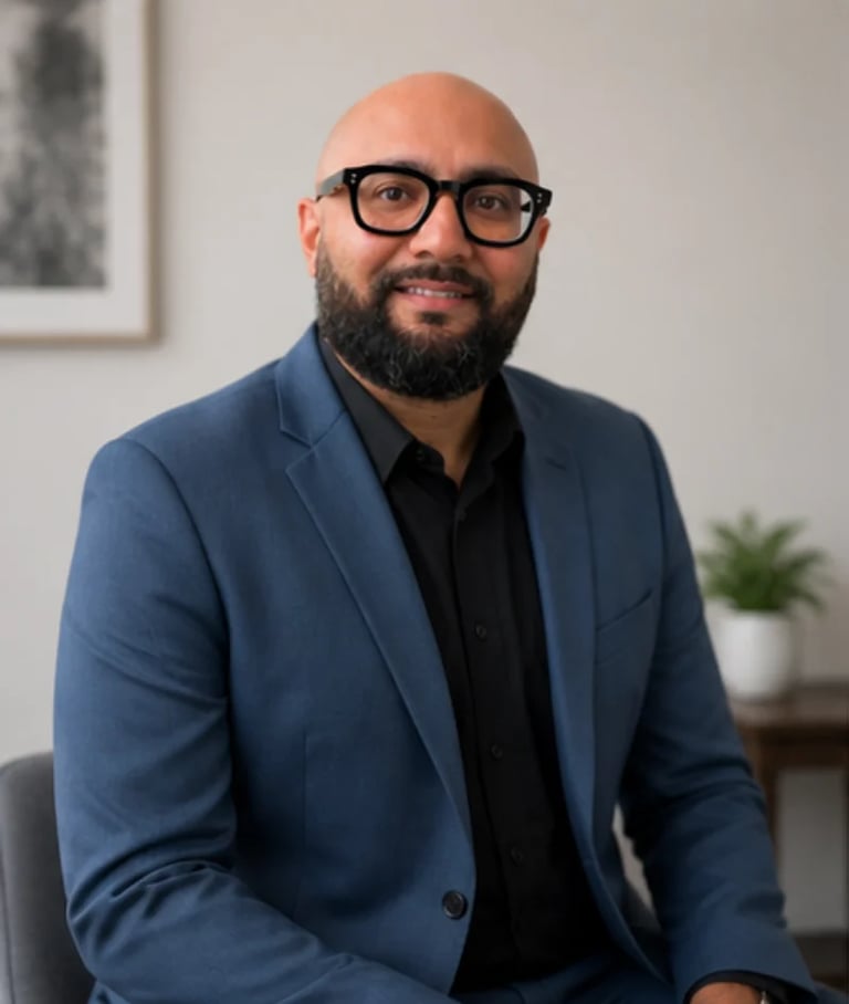 Bald man with beard wearing glasses, blue blazer, and black shirt sitting in an office setting