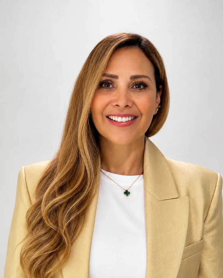 Professional headshot of a smiling woman with long brown hair wearing a cream blazer and white top against a light gray background