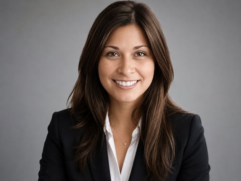 Professional headshot of a smiling woman with long brown hair wearing a black blazer and white shirt against a gray background