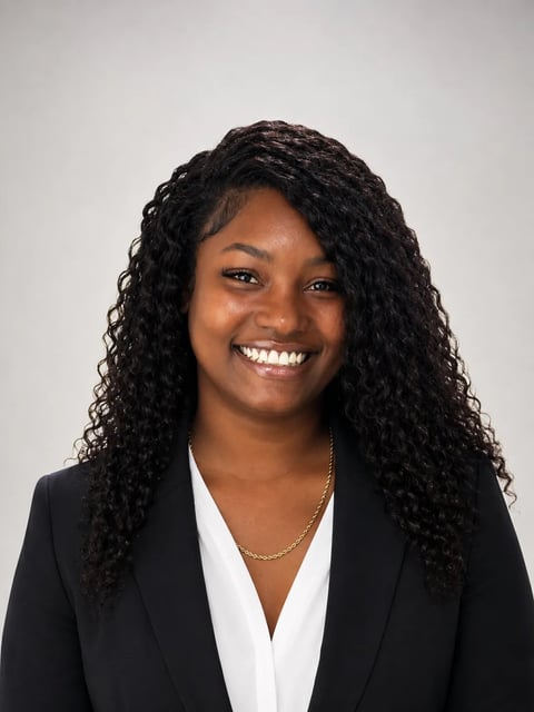 Professional headshot of a woman with long curly black hair, wearing a black blazer and white blouse, smiling at the camera against a gray background
