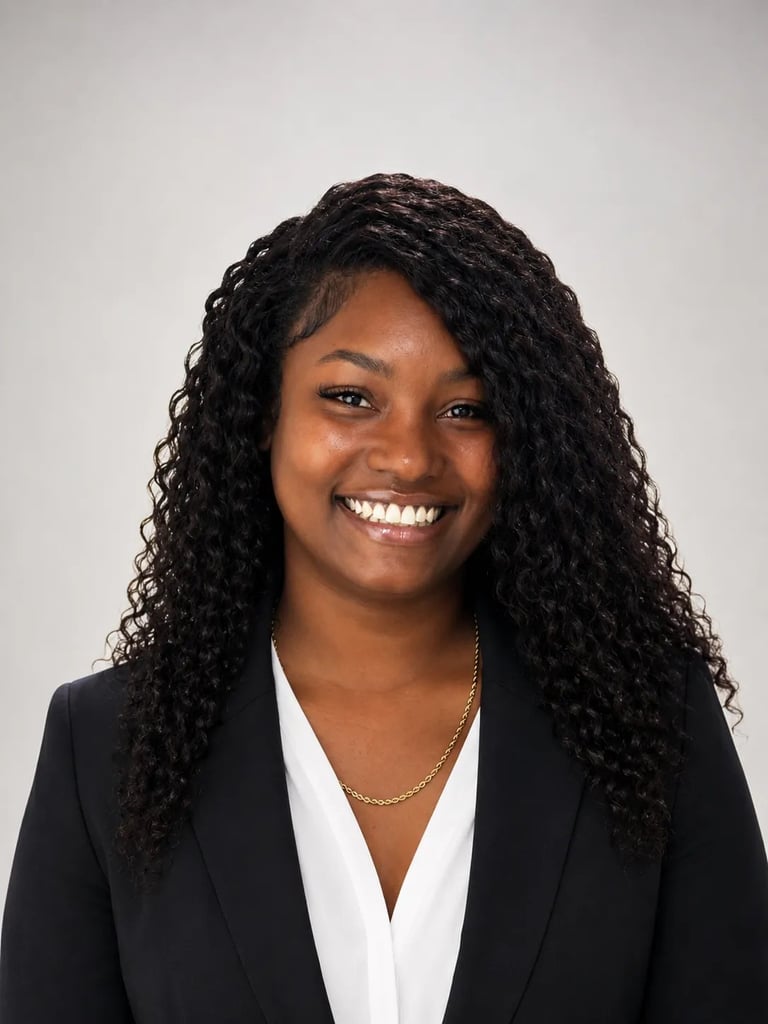 Professional headshot of a woman with long curly black hair, wearing a black blazer and white blouse, smiling at the camera against a gray background