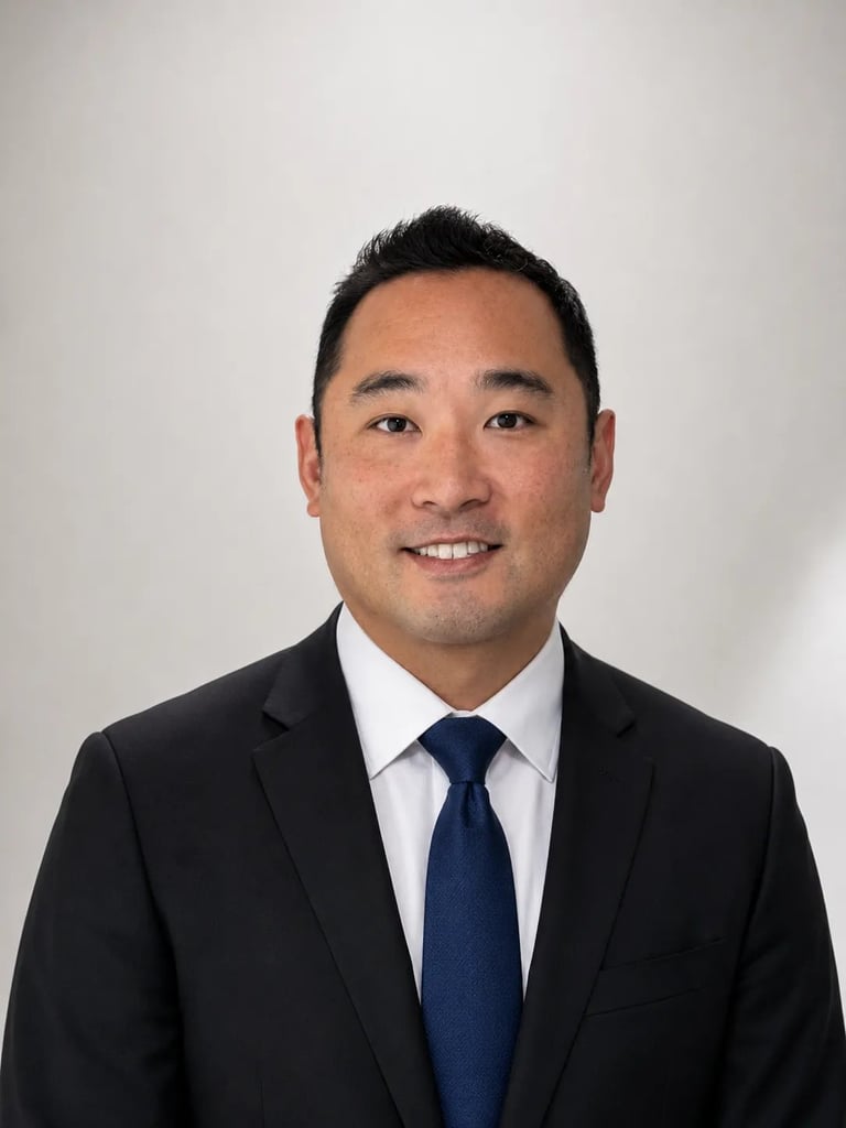 Professional headshot of an Asian man wearing a black suit, white dress shirt, and dark blue tie, smiling against a light gray background